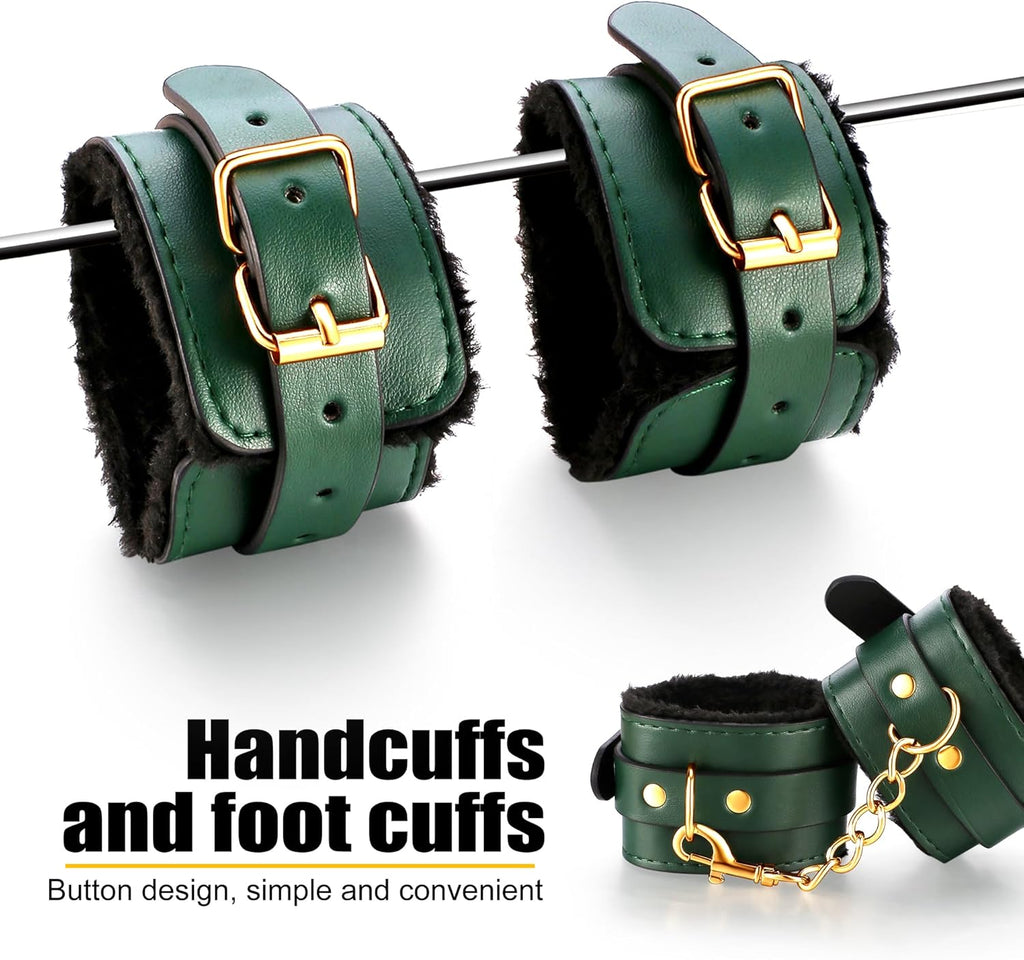 BDSM adult sex toys, a 12-piece bondage set, including adjustable handcuffs, collar, ankle cuffs, blindfold, and feather tickler.